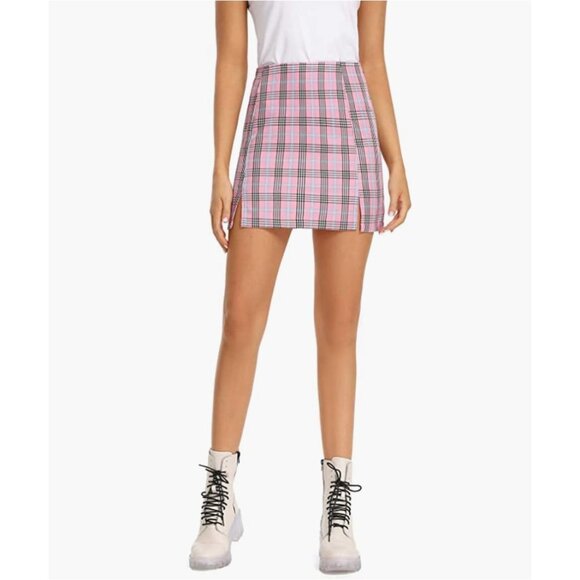 Pink Plaid Checker Print High Waist Fitted Split Pencil Bodycon Mini Skirt - Picture 5 of 7